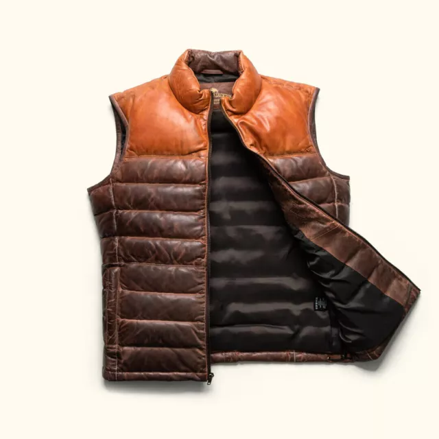 Men's Puffer Down Leather Vest, Quilted Brown Sleeveless Puffer Leather Vest