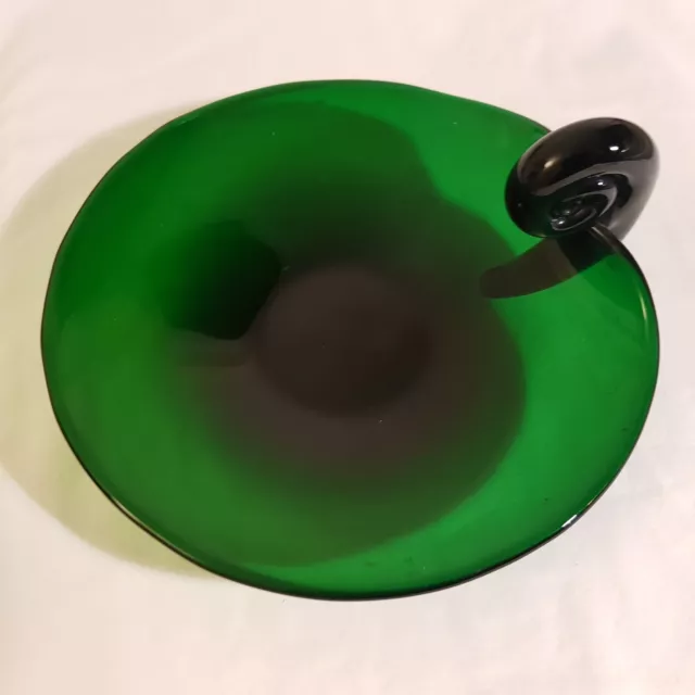 1950s unusual emerald green art glass dish hand blown VTG heavy spiral handle