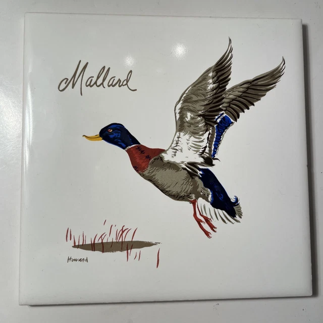 MALLARD Vintage TILE Screencraft Hand Decorated Signed USA 6" X 6" CORK Back