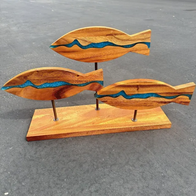 Wood Fish Swimming Statue 3D Blue Stripe Art Pier 1 Nautical Indonesia 28.5"