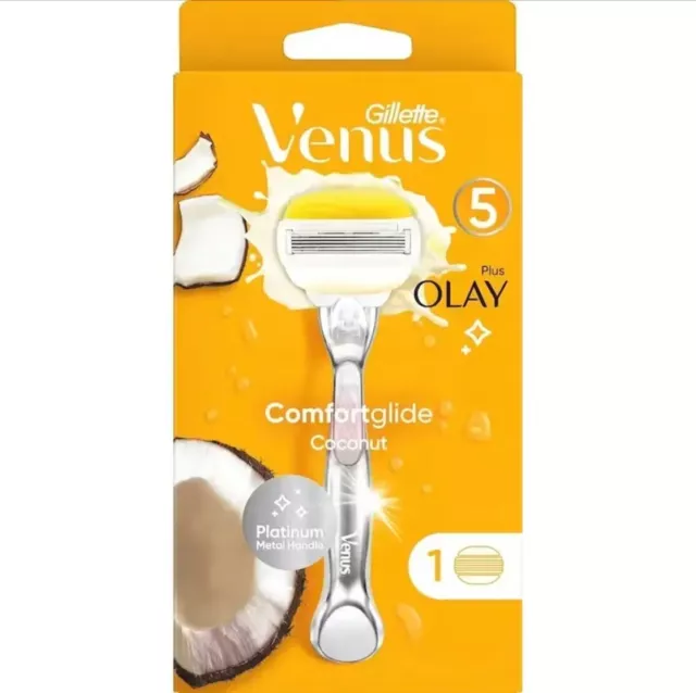 Gillette Venus Comfort Glide Olay Coconut Razor 5 Blades &Platinum Metal Handle.