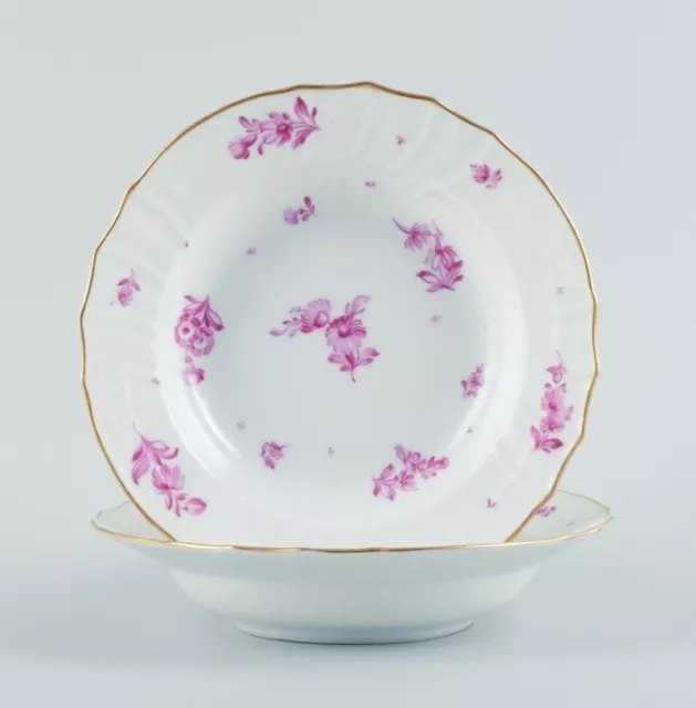 Royal Copenhagen, two deep plates hand painted with purple flowers and gold rim.