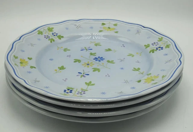 4 Longchamp France Printemps Hand Painted Floral Faience 10 1/8" Dinner Plates
