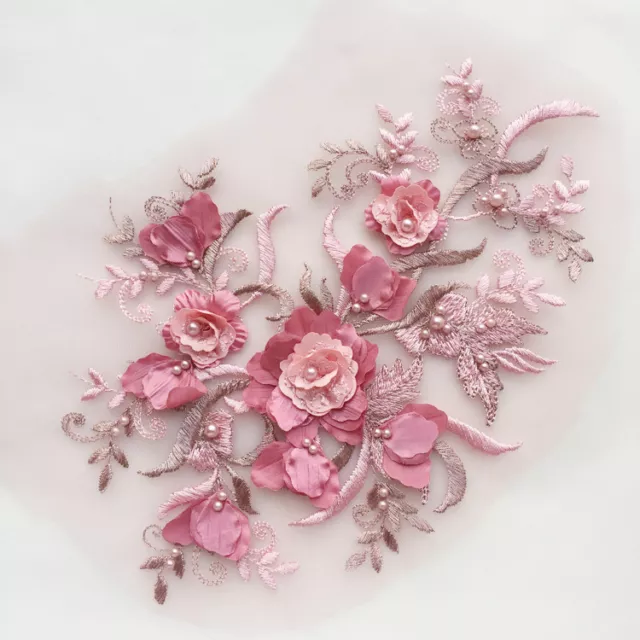 3D Blossom Lace Applique Beaded Embroidery Wedding Trim Bridal Dress Motif 1 PC