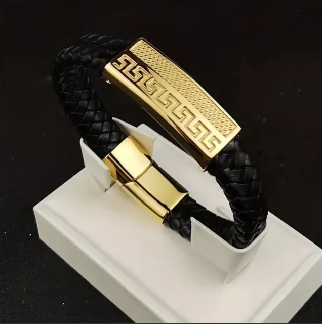 New Men's Women's Greek Key Yellow Gold Stainless Steel Braided Leather Bracelet