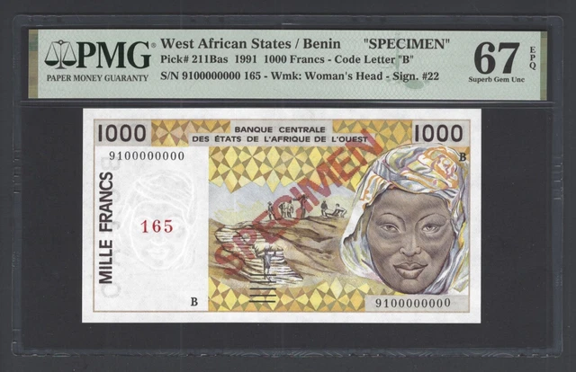 West African State /Benin 1000 Francs 1991 P211BS Specimen UNC Graded 67 Top Pop