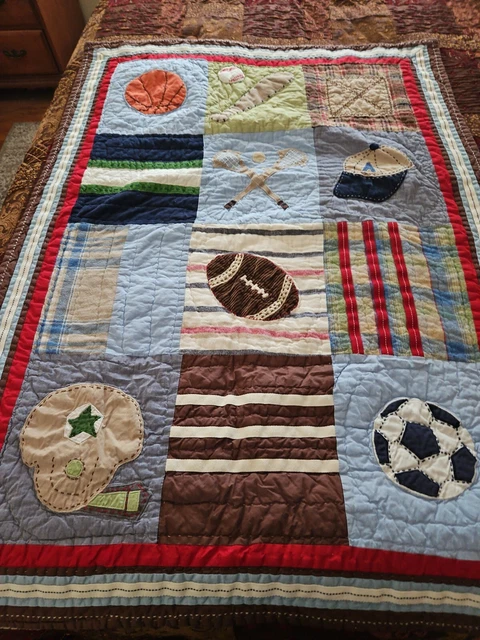 Pottery Barn Kids Crib Quilt/Wall Hanging Size Sports Theme Applique 50” X 36”
