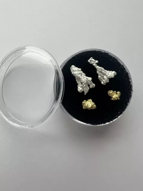 Natural Alaskan Gold Nuggets + Crystalline Silver Nuggets in Display Gem Case