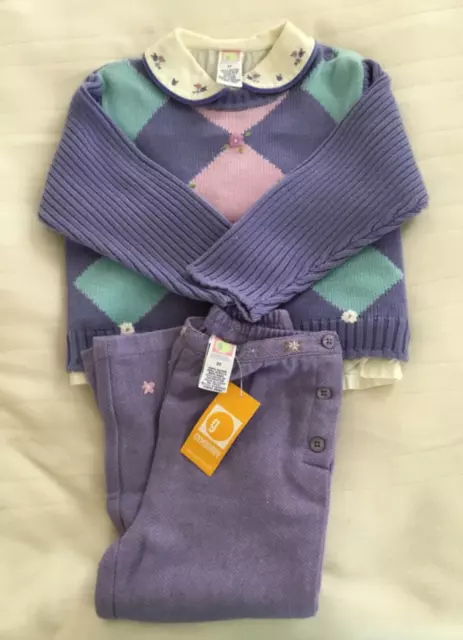 Gymboree SWEET CHIC Set NWT Slacks Socks EUC Sweater Blouse Purple Floral Sz 3T