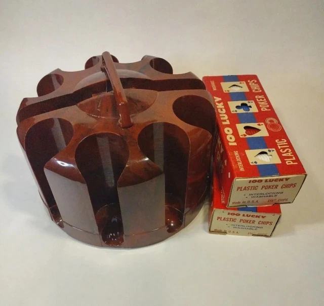 Vintage Poker Chip Acrylic Carousel Caddy w 2 Boxes of Chips Swirly Bakelite