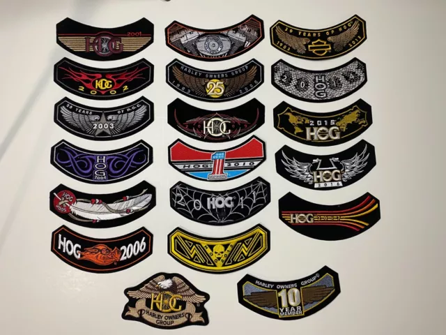 Harley-Davidson Owners Group HOG Patch -Large Lot of 19 from 2001-2017, Rocker +