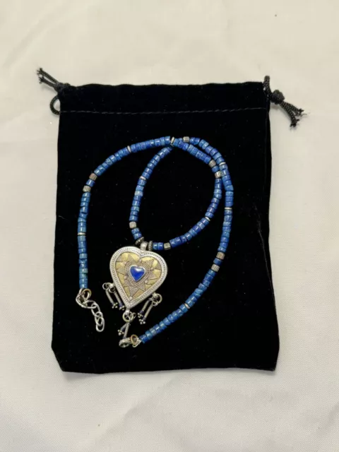 Southwestern Silver Tibetan Heart Pendant Lapis Beaded Necklace OOAK *J25