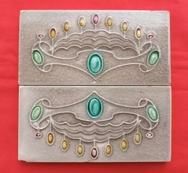 2 Piece Old Art Floral Design Embossed Majolica Ceramic Tiles England 0280