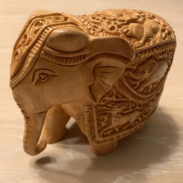 Vintage Hand Carved Wood Elephant Figurine With Intricate Ornate Design Amazing