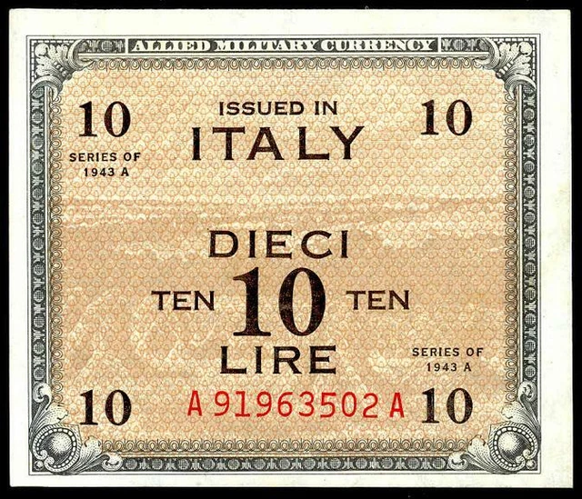 Italy 10 Am Lire 1943 Au/Unc. Allied Military American Occupation Rare Banknote
