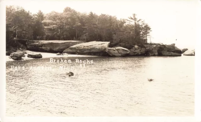 CEN Point Aux Barque Port Austin MI RPPC MOTHER NATURE & a COTTAGE ON THE ROCKS2