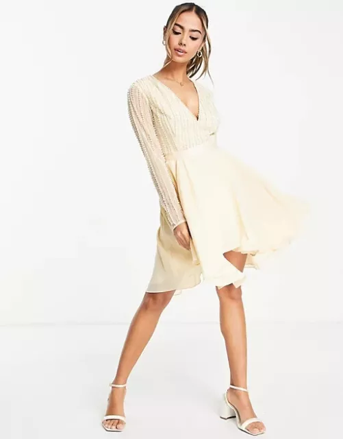 ASOS DESIGN Womens Linear Embellished Bodice Mini Dress Cream SIZE UK-10 NEW