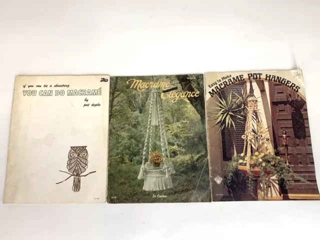Lote de 3 patrones vintage Macrame colgador de plantas elegancia 1975 Pat Depke