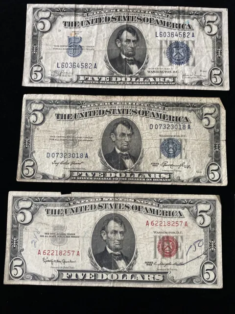 RARE Lot $5 1934 & 1953 Blue Seal Silver Certificate, $5 1953-1963 Red Note Bill