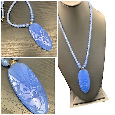 Antique￼ ART DECO Unusual Carved Opaque￼ Beaded Blue glass necklace￼ 24”