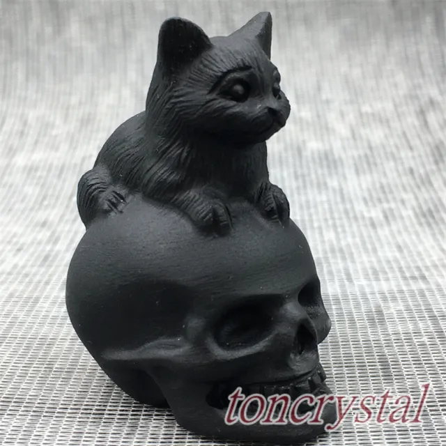 2.3" Natural obsidian cat Quartz Crystal Skull Crystals carving Healing 1pc