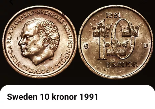 1991 Sweden 10 Kronor Coin (See Pics For Grade) Sverige.