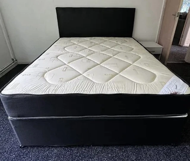 DOUBLE PINEMASTER MATTRESS with Divan Bed and headboard black fabric