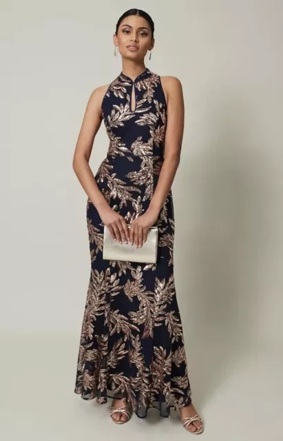 PHASE EIGHT COLLECTION 8 Navy Viviana Gold Sequin Maxi Dress 14