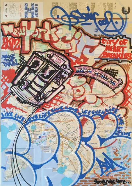 SONIC BAD Graffiti Subway Map 82x50cm Signé daté SEEN/COPE2/QUIK/FUZZ