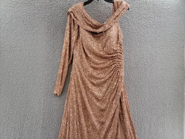 leena for Mac Duggal One-Shoulder Sequin Gown Women's 14 Copper Back Zip Closure 3