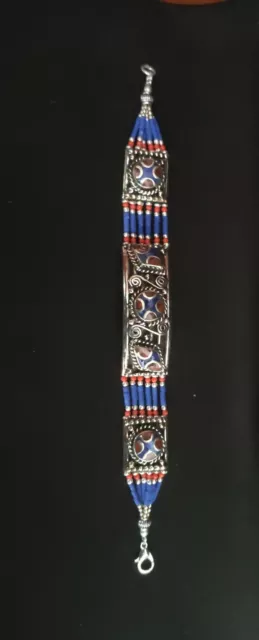 Asian Sterling Silver Bracelet women Tibetan Jewelry beautiful Coral Lapis B5 2