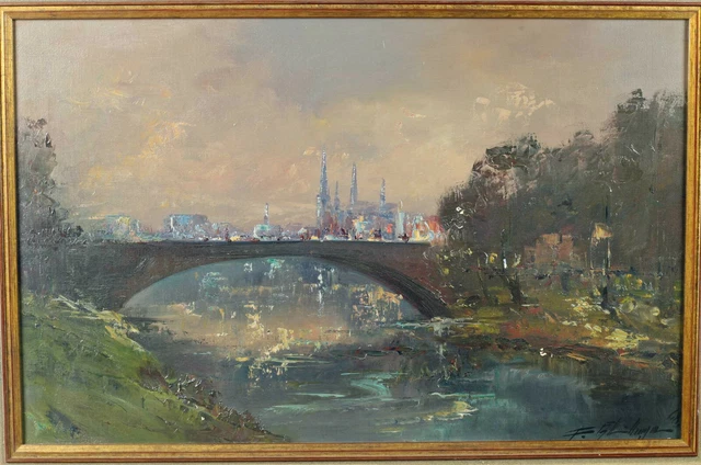 Ilegible Firmado Pintura Al Óleo Älter Vista de la Ciudad Puente Río Catedral