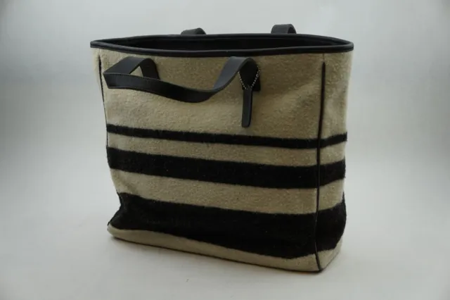 Coach Wool Winter White Cream Striped Black Tote Shoulder Bag Purse H94-6142