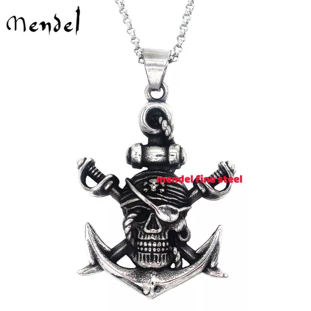 MENDEL Cool Gothic Mens Biker Punk Pirate Skull Pendant Necklace Stainless Steel