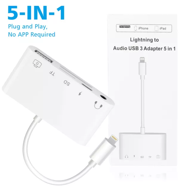 For iPhone 12 XS 5s 6 7 8 XR Plus Audio Earphone Charger SD TF Card Camera, 5in1 2