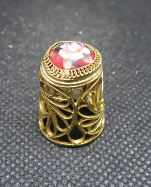 Russian Filigree Thimble - Hand Painted Porcelain On Top - Flower