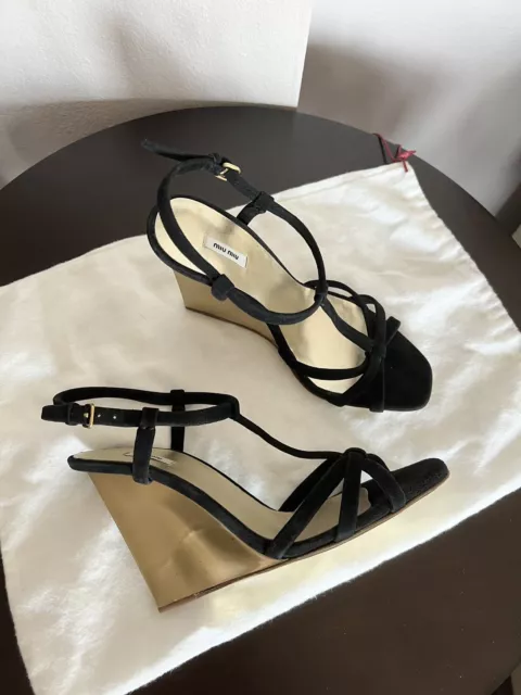 New Miu Miu Women's Suede Wedge Sandals Black Size Eur 36.5 ( US 6 )