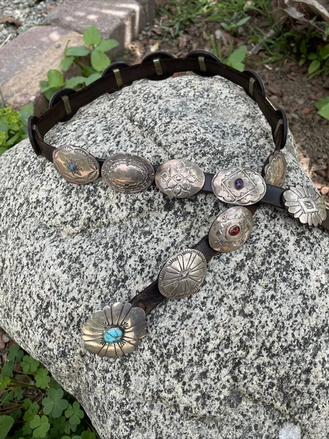 Sterling Native American Concho Turquoise Garnet Amethyst D Rhodes Belt