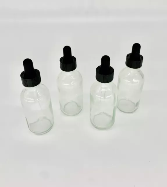 4 Pack - 2oz CLEAR Boston Glass Bottles with Glass Eye Dropper- New ! 60 ML 2