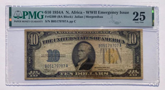 1934 ($10) Ten Dollar North Africa Yellow Seal - Wwii Emergency Issue Pmg 25