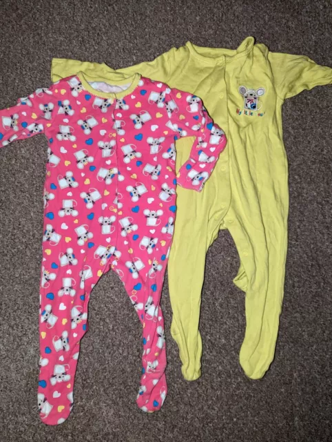Baby Girls clothes 3-6 Months X2 Babygrows playsuit sleepsuit pjs - mouse