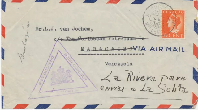 CURACAO 1942, 10 C Wilhelmina EF a. Pra.-Lupo-Bf nach Venezuela Zensur-Stempel