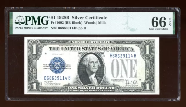 DBR 1928-B $1 Silver Funnyback Gem Fr. 1602 BB Block PMG 66 EPQ Ser # B68639114B