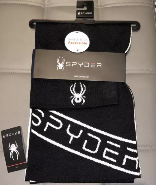 NWT Spyder Web Logo Reversible Beanie Hat & Scarf Set Black Men's One Size