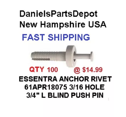 X100 61Apr18075 Micro Plastics Essentra White Plastic Push Pin Rivet 3/16 Hole
