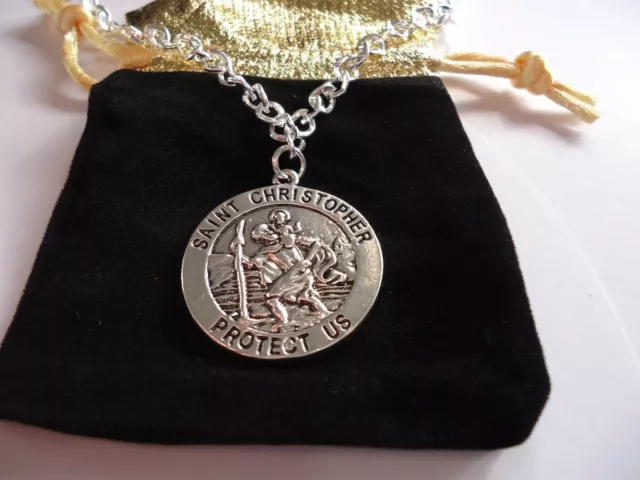 St Christopher Patron Saint of Travel Medal PROTECT US + Necklace + Velvet Pouch