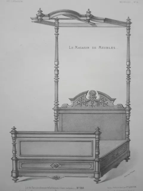 LIT à colonnes et  BALDAQUIN GRAVURE le MAGASIN de MEUBLES Victor QUETIN XIXéme