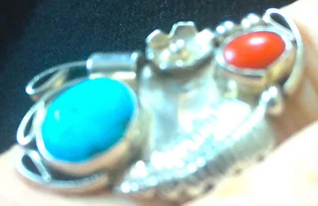 Grandmas Estate Native American Ring Turquoise and Coral Gemstones Sterling 2