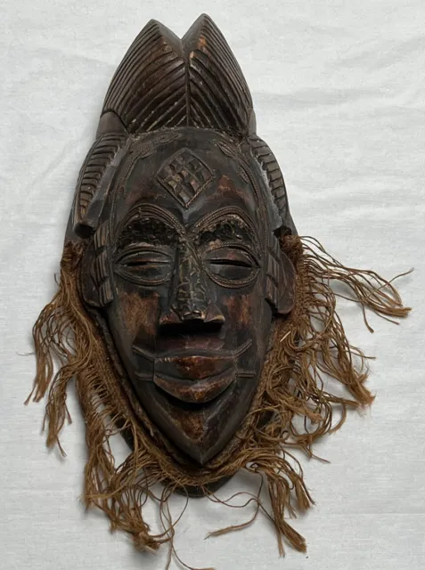 Vintage Wooden Ghana Tribal Mask Hand Carved Wood With Metal Accents Wall Art