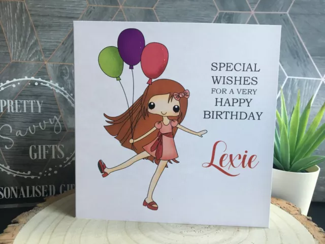 Personalised Handmade Girls Birthday Card - Any age, any name - Girlie, Balloons